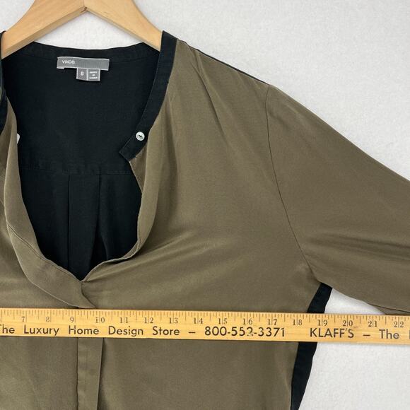 VINCE Top Women 8 Silk Crepe de Chine Colorblock Tunic Keyhole Long Sleeve Black - Picture 14 of 16